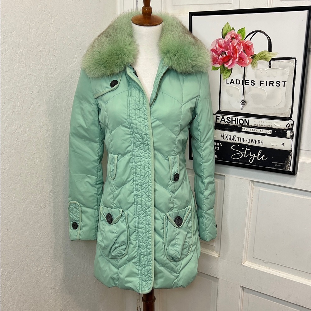 Roksanda Ilincic Aqua Blue Puffer Coat w/Detachable Faux Fur Collar Size 36/4US